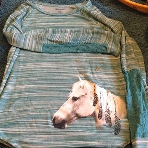 Wrangler long sleeve teal horse print shirt